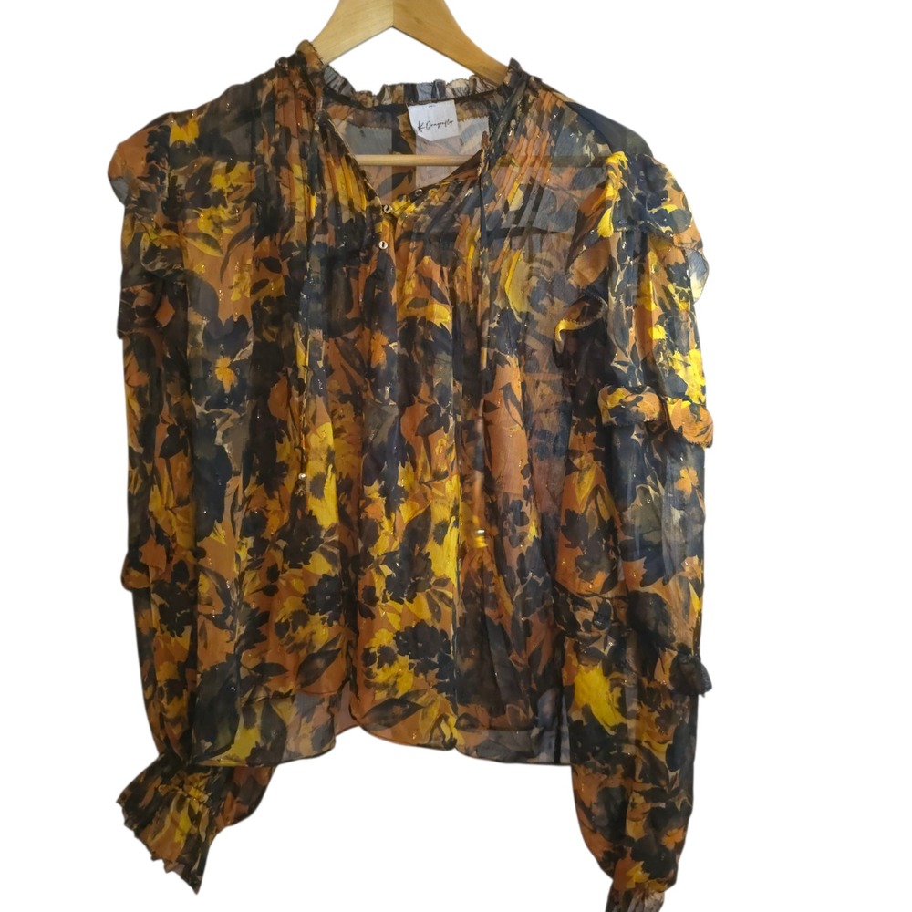 Oliveaceous Dragonfly Floral Sheer Blouse‎ L Metallic Lurex Ruffle Sleeve Boho